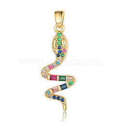 Brass Micro Pave Colorful Cubic Zirconia Pendants, Snake Charms, Real 18K Gold Plated, 34x14x2.8mm(ZIRC-OY001-22G)