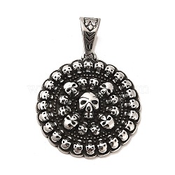 Tibetan Style 304 Stainless Steel Pendants, Flat Round with Skull Pattern, Antique Silver, 37.5x35x4.6mm, Hole: 7.5x11mm(STAS-M334-26AS)