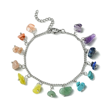 Chakra Theme Natural & Synthetic Mixed Gemstone Nugget Charm Bracelets, with 304 Stainless Steel Curb Chains, 7-1/2 inch(19cm)