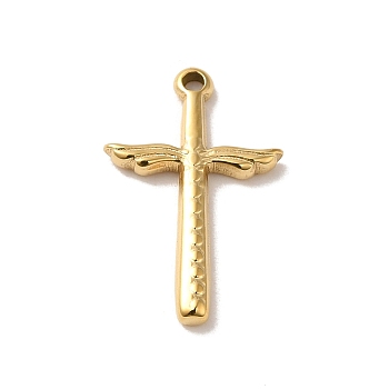 304 Stainless Steel Pendants, Cross with Wing Charm, Real 14K Gold Plated, 19x12.5x2mm, Hole: 1mm