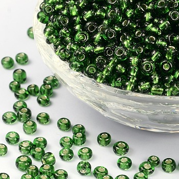 (Repacking Service Available) 6/0 Glass Seed Beads, Silver Lined Round Hole, Round, Goreen, 4mm, Hole: 1.5mm, about 12G/bag