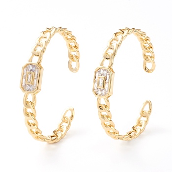 Brass Micro Pave Cubic Zirconia Cuff Bangles, Rectangle, Curb Chain, Real 18K Gold Plated, Clear, Inner Diameter: 2-1/4 inch(5.7cm)