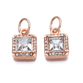 Rack Plating Alloy Charms, with Crystal Resin Rhinestone & Jump Ring, Cadmium Free & Nickel Free & Lead Free, Square, Rose Gold, 13x10x4mm, Hole: 5mm