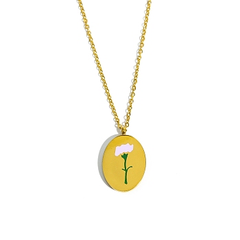 Birth Month Flower Style Titanium Steel Oval Pendant Necklace, Golden, January Carnation, 15.75 inch(40cm)
