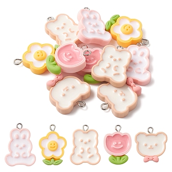 10Pcs 5 Styles Opaque Resin Pendants, Cute Charms, with Platinum Tone Iron Loops, Flower & Rabbit & Bear, Mixed Color, 24.5~29x18.5~22.5x4.5~6.5mm, Hole: 2mm, 2pcs/style