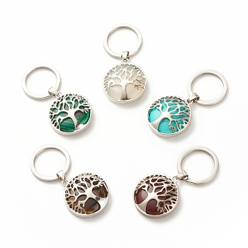 Synthetic & Natural Stone Keychain, with 304 Stainless Steel Split Key Rings, Flat Round with Tree of Life, 5.7cm