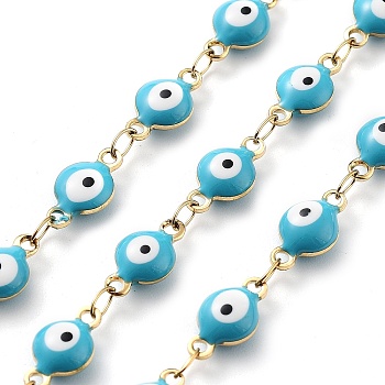 304 Stainless Steel Link Chains, with Resin & Enamel & Spool, Unwelded, Real 18K Gold Plated, Eye, Light Sky Blue, 11x6x4mm, about 32.81 Feet(10m)/Roll
