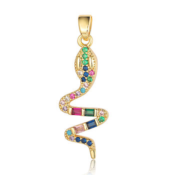 Brass Micro Pave Colorful Cubic Zirconia Pendants, Snake Charms, Real 18K Gold Plated, 34x14x2.8mm