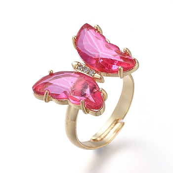 Adjustable Brass Glass Finger Rings, with Clear Cubic Zirconia, Butterfly, Golden, Hot Pink, Size 7, Inner Diameter: 17mm