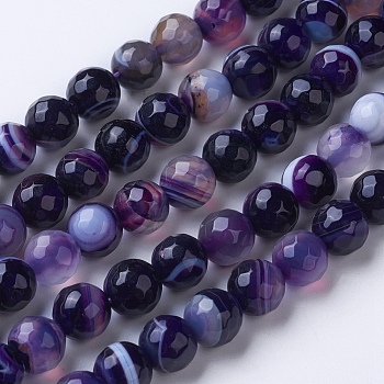Natural Striped Agate/Banded Agate Beads Strands, Dyed & Heated, Faceted, Grade A, Round, Purple, 8mm, Hole: 1.2mm, about 47pcs/strand, 14.9 inch(38cm)