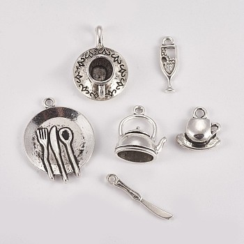 Tibetan Style Alloy Pendants, Tableware Theme, Mix Shapes, Antique Silver, 15~30x3.5~23x2~10mm, Hole: 1.5~4.5mm, 6pcs/set