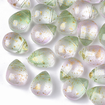 Two Tone Transparent Spray Painted Glass Beads, Top Drilled Beads, with Glitter Powder, Frosted, Teardrop, Light Green, 12.5x9.5x7mm, Hole: 1mm