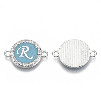 Alloy Enamel Links Connectors, with Crystal Rhinestones, Flat Round with Letter, Silver Color Plated, Letter.R, 22x16x2mm, Hole: 1.8mm