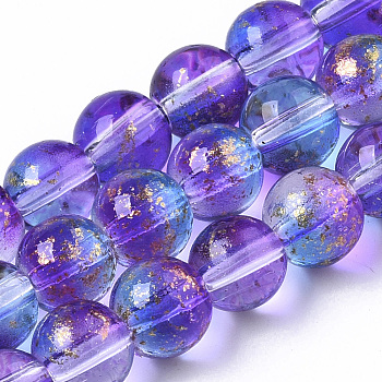 Transparent Spray Painted Glass Bead Strands, with Golden Foil, Round, Blue Violet, 6~7mm, Hole: 1.2~1.5mm, about 65~67pcs/Strand, 14.76 inch~15.12 inch(37.5~38.4cm)