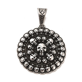 Tibetan Style 304 Stainless Steel Pendants, Flat Round with Skull Pattern, Antique Silver, 37.5x35x4.6mm, Hole: 7.5x11mm