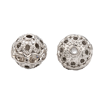 Brass Rhinestone Beads, Grade A, Round, Platinum Metal Color, Clear, Size: about 10mm in diameter, hole: 1.2mm