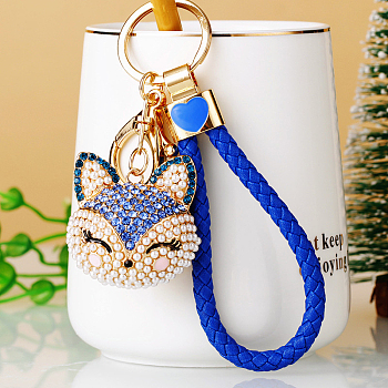 Full Rhinestone Pearl Fox Head Pendant Keychain, with Zinc Alloy Findings and Polyester Cord, for Women's Bag Pendant Decorations, Medium Blue, 100mm