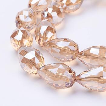 Electroplate Glass Beads Strands, Pearl Luster Plated, Faceted, teardrop, PeachPuff, 27~28x18mm, Hole: 2mm, about 25pcs/strand, 26.3 inch~27.1 inch(67cm~69cm)