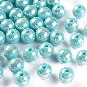 Opaque Acrylic Beads, AB Color Plated, Round, Pale Turquoise, 10x9mm, Hole: 2mm, about 940pcs/500g