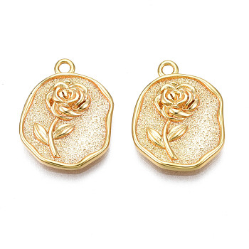 Brass Pendants, Flat Round with Flower, Real 18K Gold Plated, 17x13.5x2mm, Hole: 1.4mm