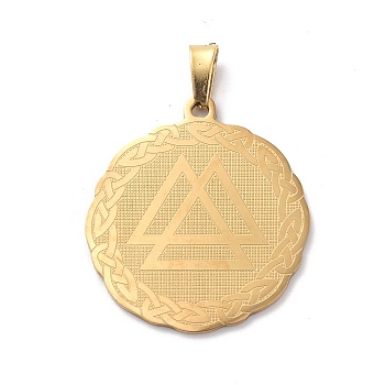 304 Stainless Steel Pendants, Flat Round with Valknut Charm, Golden, 33x30x1.5mm, Hole: 8x4mm
