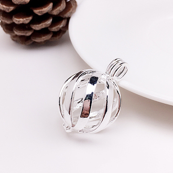 Brass Bead Cage Pendants, Hollow Round Charms, for Chime Ball Pendant Necklaces Making, Silver, 32.5x22mm
