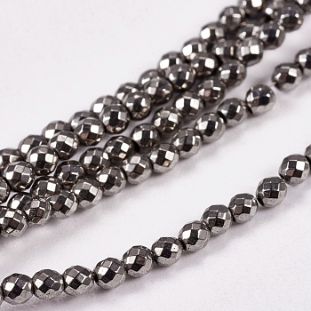 Electroplate Non-magnetic Synthetic Hematite Beads Strands, Faceted, Round, Grade AAAA, Silver Plated, 2mm, Hole: 0.5mm, about 200pcs/strand, 16 inch