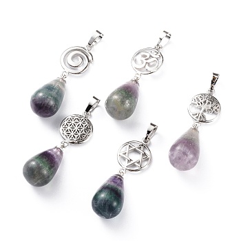 Yoga Chakra Jewelry, Natural Fluorite Pendants, with Platinum Plated Brass Findings, Teardrop & Votex/Om Symbol/Tree of Life/Flower of Life/Star of David, 42~45mm, Hole: 8x5mm