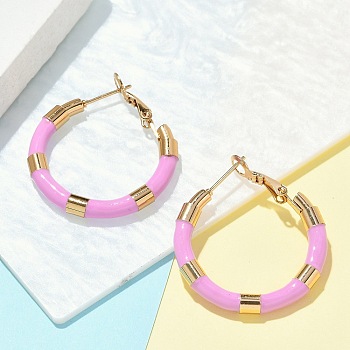 PVD Vacuum Plating 201 Stainless Steel Enamel Hoop Earrings for Women, with 304 Stainless Steel Pins, Real 18K Gold Plated, Pink, 30x4mm, Pin: 1mm