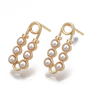 Brass Stud Earring Findings, with Loop, ABS Plastic Imitation Pearl, Nickel Free, Real 18K Gold Plated, Brooch, 16x6.5mm, Hole: 1.5mm, Pin: 0.8mm