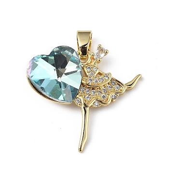 Real 18K Gold Plated Rack Plating Brass Micro Pave Clear Cubic Zirconia Pendants, with Glass, Long-Lasting Plated, Cadmium Free & Lead Free, Dancer with Heart Charm, Pale Turquoise, 23x24.5x8.2mm, Hole: 5x3.2mm
