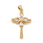 Brass Micro Pave Clear Cubic Zirconia Pendants, Cadmium Free & Lead Free, Cross, Real 18K Gold Plated, 30x19x4mm, Hole: 4x3mm(ZIRC-A021-14G)