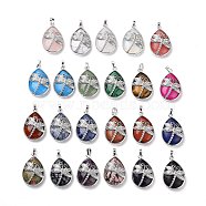 Natural & Synthetic Gemstone Pendants, with Platinum Tone Brass Findings, Lead Free & Cadmium Free, Teardrop with Dragonfly Charms, Mixed Dyed and Undyed, 40~40.5x26~26.5x9~9.5mm, Hole: 5x7mm(G-G900-01P)