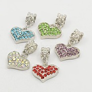 Unique Valentines Day Ideas European Heart Dangle Charms, with Platinum Alloy Rhinestone Findings, Mixed Color, 15.5x18x4mm, Hole: 4.5mm(X-GPDL-C003-P)