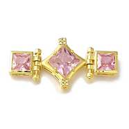 Rack Plating Brass Micro Pave Cubic Zirconia Clasp, with Glass Rhinestone, Lead Free & Cadmium Free, Long-Lasting Plated, Pink, Rhombus, Golden, 45x21x6mm(KK-H485-37G)