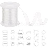 PandaHall Elite 180Pcs 6 Style Plastic Buckles, Underwear, Accessories, with 1 Roll Polyurethane Transparent Straps, Clear, 8~13.5x8~13.5x2mm, Hole: 3.5x6~10mm, 30pcs/style(FIND-PH0006-92)