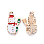 Alloy Enamel Pendants, for Christmas, Snowman, Light Gold, White, 21x13x1.5mm, Hole: 2mm(X-ENAM-S121-108)