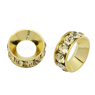Brass Rhinestone Spacer Beads, Grade A, Rondelle, Golden Metal Color, Jonquil, 10x4.2mm, Hole: 5.2~5.7mm(RB-A020-10mm-13G)