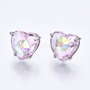Brass Stud Earrings, with Glass and Steel Pins, Heart, Platinum, Plum, 12x13mm, Pin: 0.6mm(GLAA-S193-038E-P)