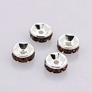 Brass Rhinestone Spacer Beads, Grade A, Straight Flange, Silver Color Plated, Rondelle, Coffee, 8x3.8mm, Hole: 1.5mm(RB-A014-Z8mm-15S)