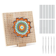 Square Wood Crochet Blocking Board, Knitting Loom, with 20Pcs Metal Sticks, 5Pcs Crochet Needle, BurlyWood, 23.5x23.5x2cm(SENE-PW0015-01B)