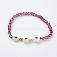 Glass Beads Stretch Bracelets, with Evil Eye Freshwater Shell Beads and Stainless Steel Beads, Purple, 2-1/8 inch(5.5cm)(BJEW-JB04756-02)