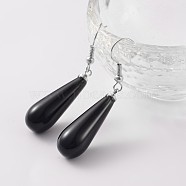 Teardrop Platinum Tone Brass Natural Black Agate Dangle Earrings, 47mm, Pin: 0.7mm(EJEW-M058-03)