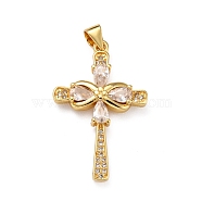 Brass Micro Pave Clear Cubic Zirconia Pendants, Cross, Real 18K Gold Plated, 30x19x4mm, Hole: 4x3mm(ZIRC-A021-14G)
