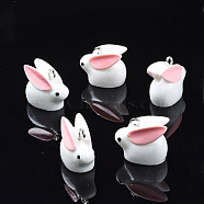 Opaque Resin Pendants, with Platinum Tone Iron Loop, 3D Rabbit, White, 16x19x11mm, Hole: 1.8mm(RESI-S356-069)