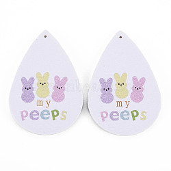 PU Leather Big Teardrop with Bunny Pendants, Easter Theme, with Rabbit Pattern, White, 55~56.5x35~37x2mm, Hole: 1~2mm(FIND-T058-A37)