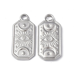 304 Stainless Steel Pendants, Rectangle with Moon & Eye, Stainless Steel Color, 23x11x2mm, Hole: 2mm(STAS-C066-23P)