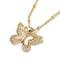 Butterfly Brass Micro Pave Cubic Zirconia Pendant Necklaces, with Shell, Light Gold, 17.13 inch(435mm)(NJEW-A015-05KCG)