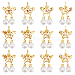 20Pcs ABS Plastic Imitation Pearl Pendants, with Cubic Zirconia & Brass Findings and Jump Rings, Butterfly with Round, Matte Gold Color, 23mm, Hole: 4.2mm(KK-BBC0003-70)
