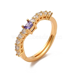 Lilac Cubic Zirconia Rectangle Adjustable Ring, Rack Plating Brass Jewelry for Women, Cadmium Free & Lead Free, Real 18K Gold Plated, Inner Diameter: 16~22mm(RJEW-C048-12G)